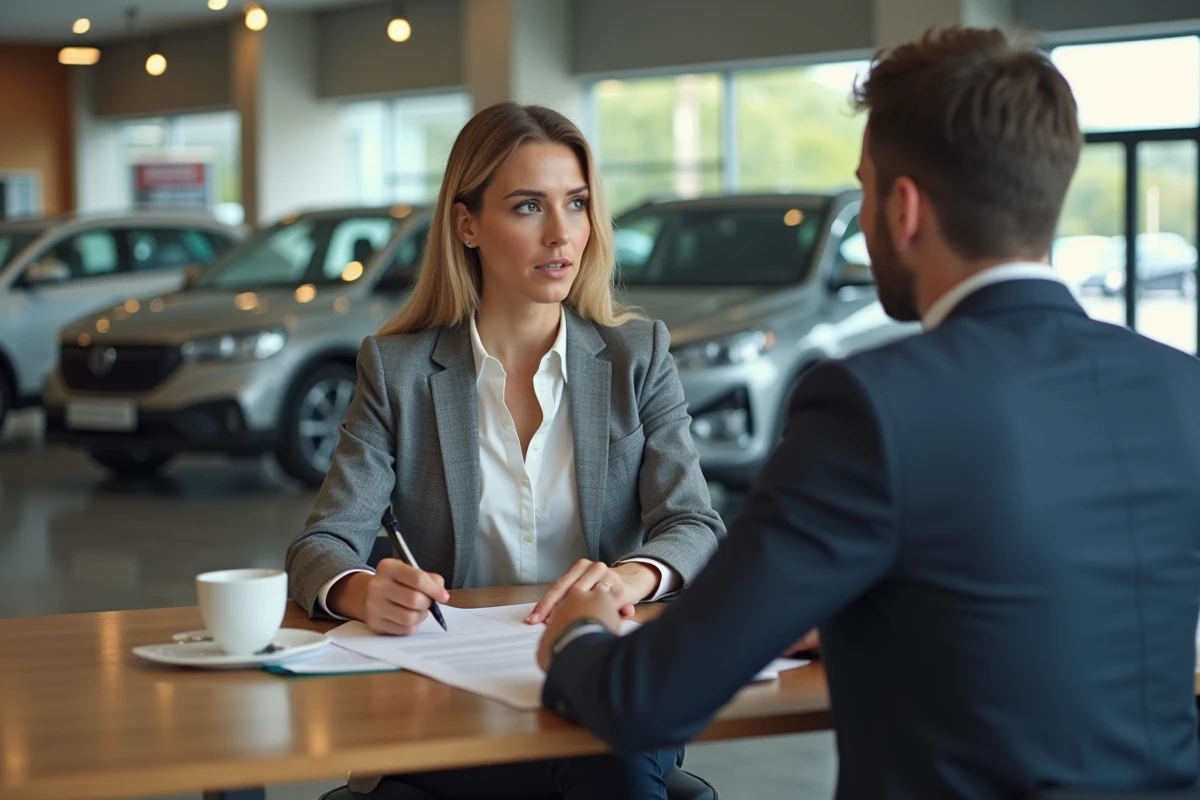 Une femme examine un contrat de vente automobile avec un vendeur professionnel dans une concession
