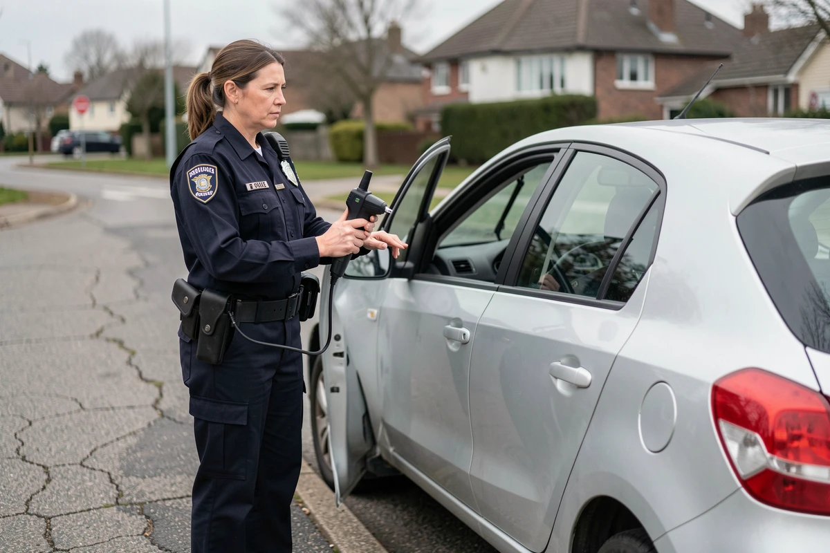 Policière effectuant un contrôle d'alcoolémie sur un conducteur au bord de la route, illustrant les sanctions légales et l'impact sur l'assurance auto
