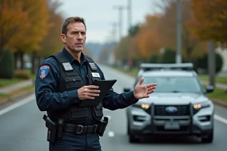 Policier en uniforme contrôlant un conducteur arrêté sur le bord de la route lors d'un contrôle routier