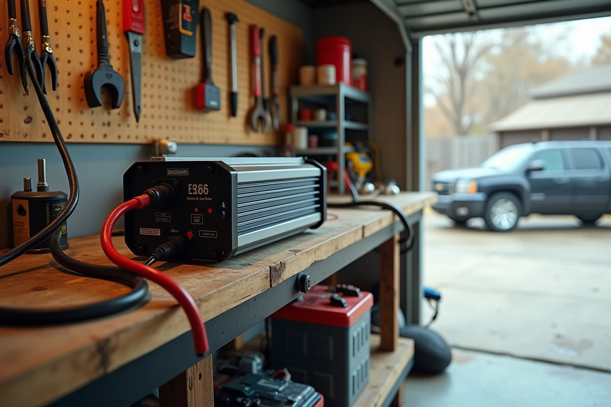 Convertisseur 12V 220V posé sur un établi de garage avec une perceuse branchée et une batterie au sol
