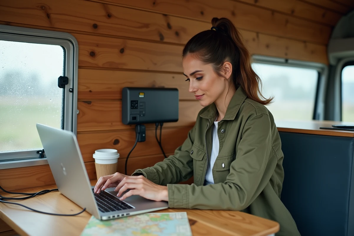 Femme utilisant un convertisseur 12V 220V dans un van aménagé pour alimenter un ordinateur portable