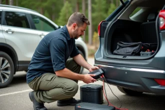 Homme connectant un convertisseur 12V 220V à une batterie de voiture dans un coffre ouvert en extérieur