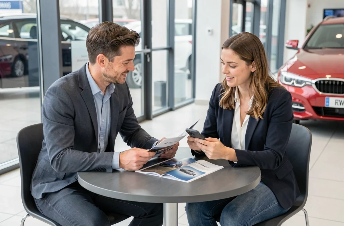 Couple consultant un forum BMW Série 3 sur smartphone dans le salon d'un concessionnaire automobile