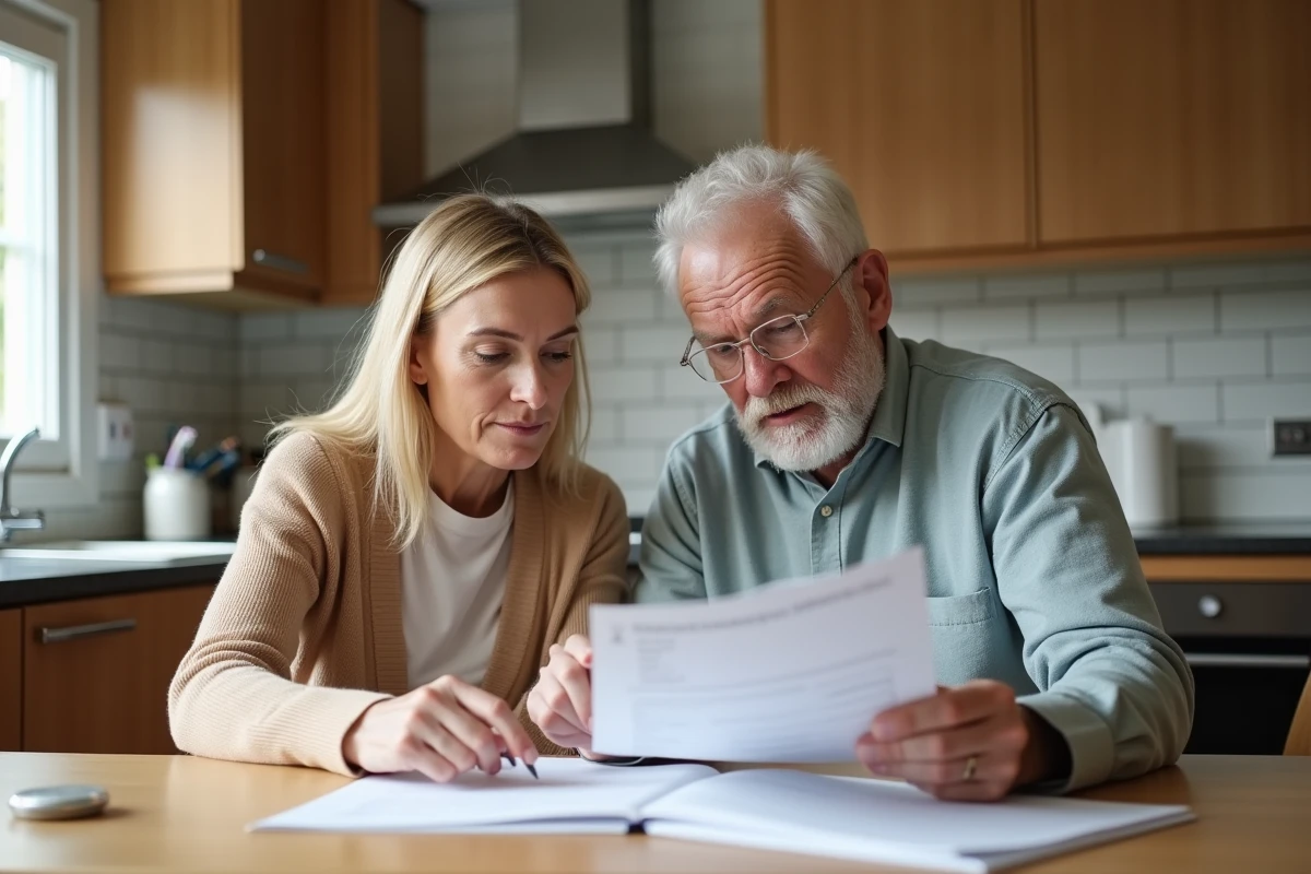 Couple de particuliers assis à la table de cuisine, examinant ensemble les avantages de leur contrat d'assurance responsabilité civile