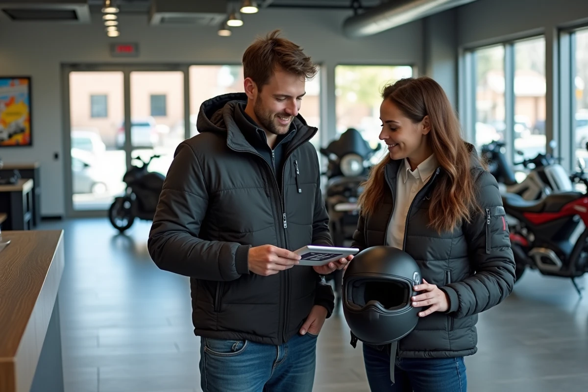 Couple de jeunes adultes en tenue moto consultant une brochure dans un show-room de motos électriques
