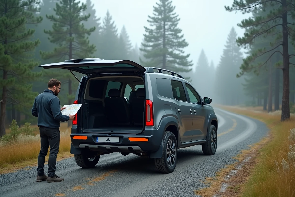 Homme en tenue outdoor debout près d'un concept SUV style Dacia Sandman garé en forêt, vue trois quarts arrière avec hayon ouvert et atmosphère brumeuse