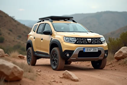 Concept de SUV Dacia Sandman vu de trois quarts avant sur un chemin de terre, design robuste et minimaliste inspiré de la gamme Dacia 2026