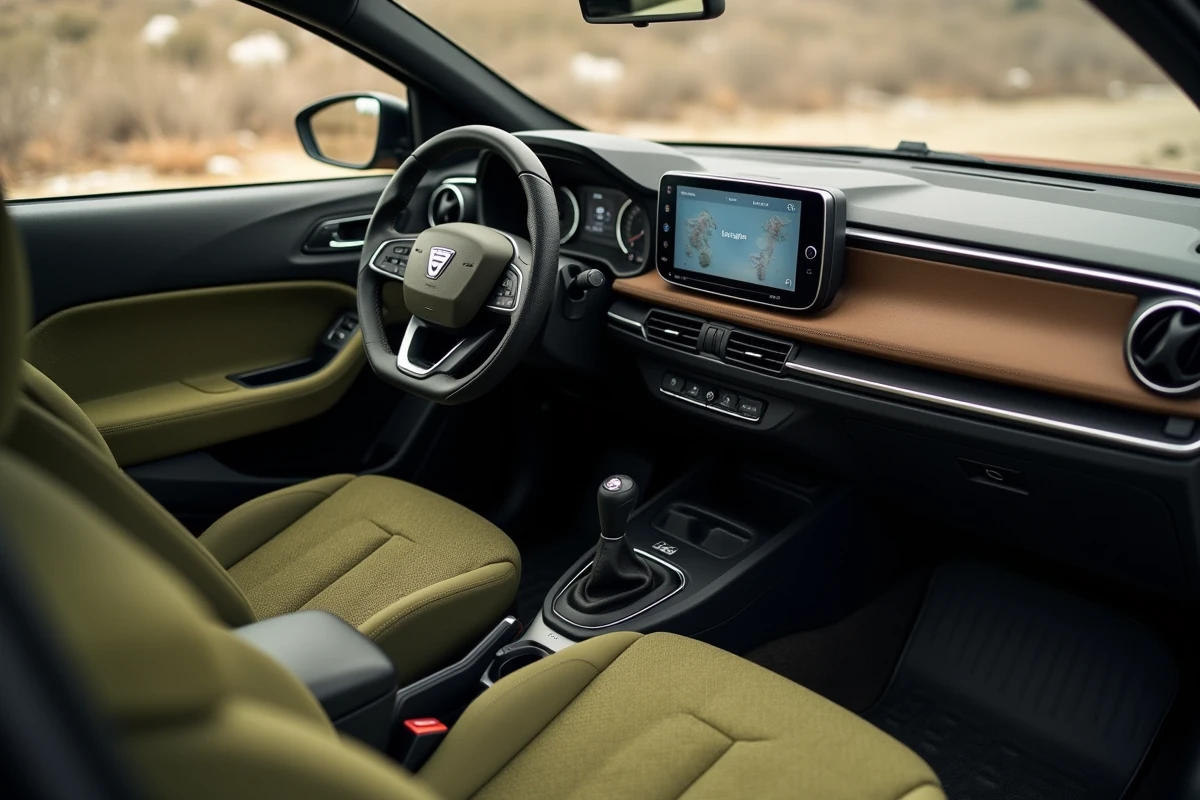 Intérieur conceptuel d'un SUV Dacia Sandman avec tableau de bord minimaliste, tissu recyclé et finitions robustes typiques de la marque roumaine
