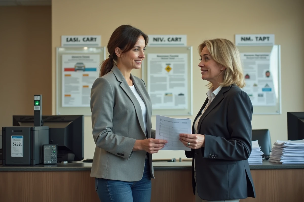 Femme déposant une demande de changement de plaque d'immatriculation dans une préfecture
