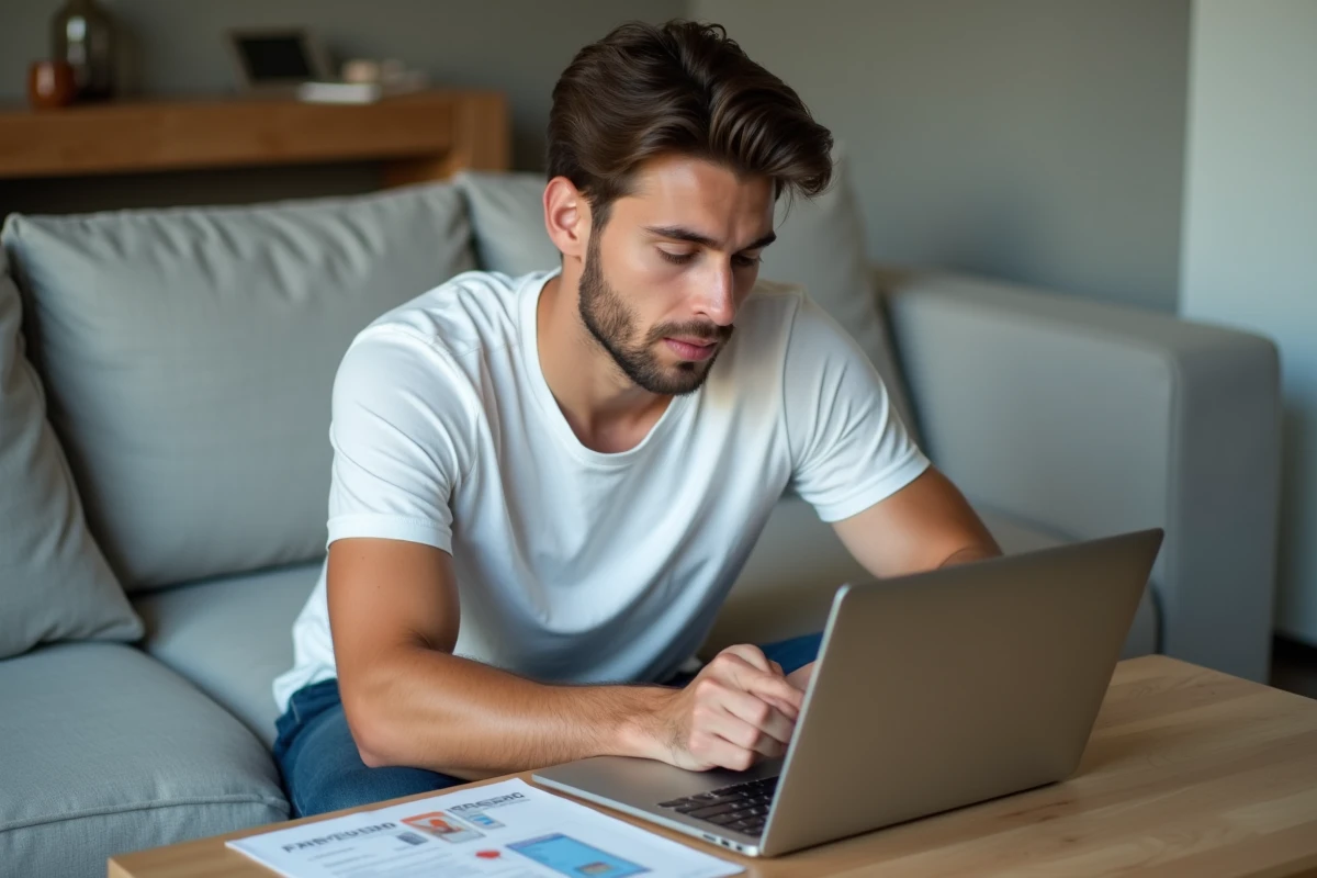 Jeune homme effectuant une demande de changement de permis de conduire en ligne depuis son domicile
