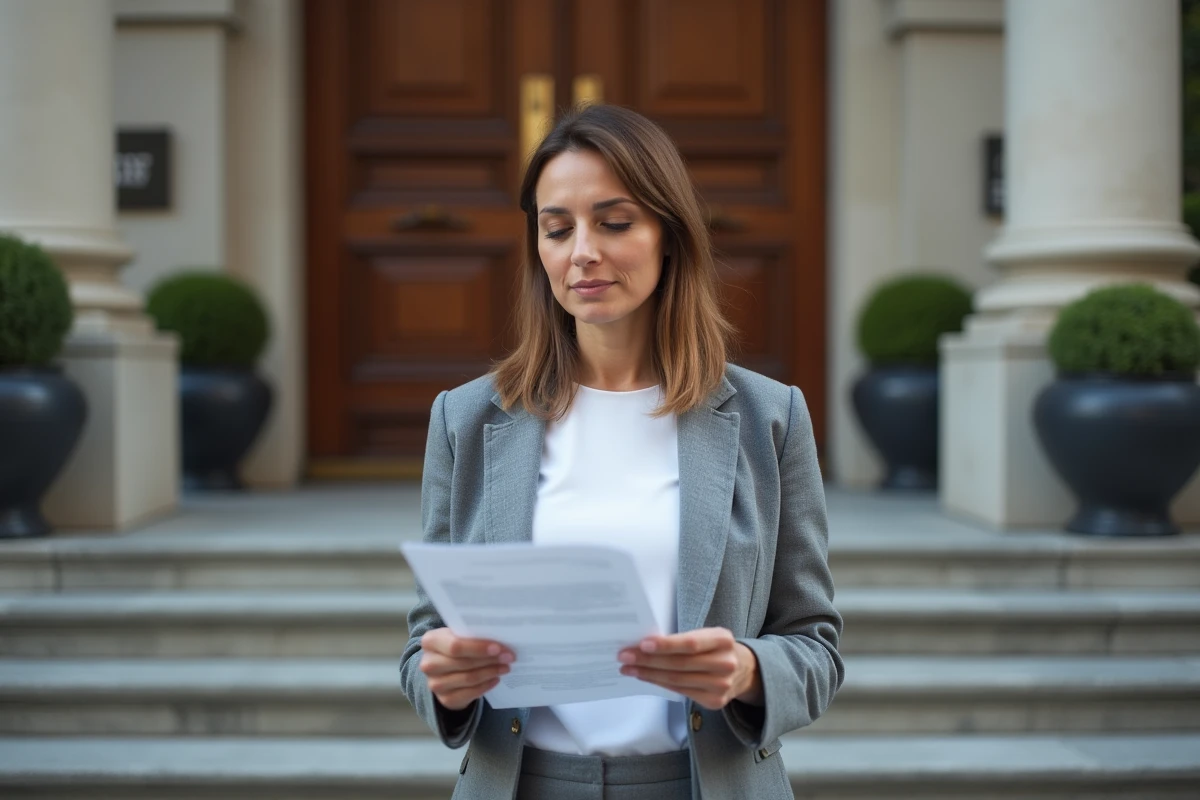 Une femme consultant un formulaire administratif devant l'entrée d'une préfecture