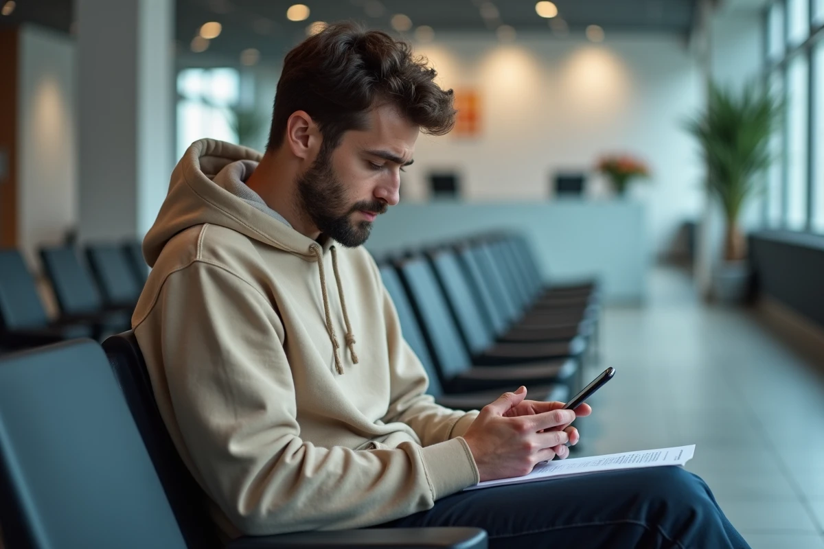 Jeune homme consultant le site ANTS sur smartphone pour changer l'adresse de sa carte grise en salle d'attente administrative