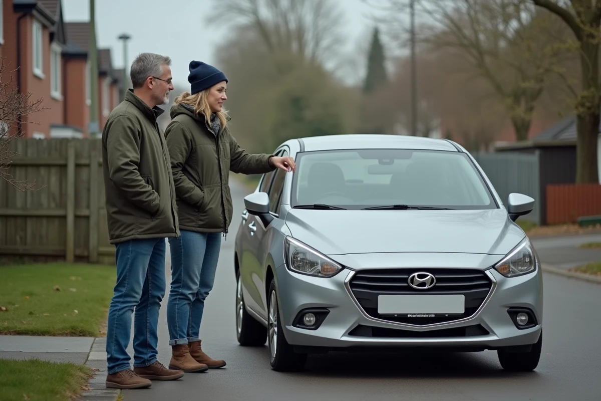 Couple discutant devant leur voiture pour déterminer qui est le conducteur principal sur leur assurance auto