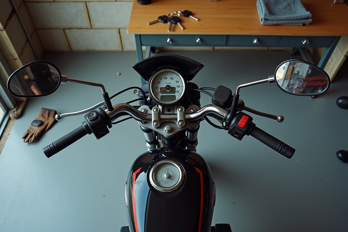 Détail moteur et tableau de bord d'une moto 125cc dans un garage privé avec gants en cuir