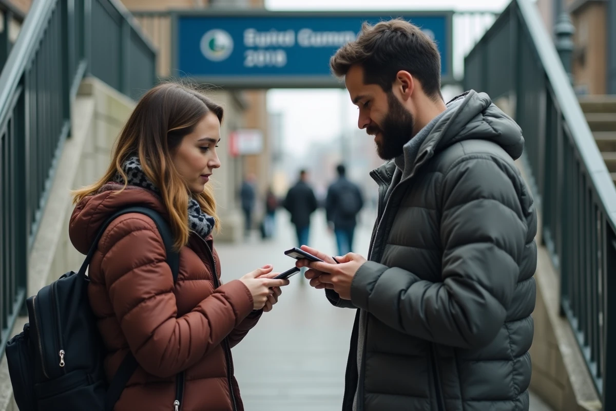 Deux personnes consultant ensemble une application de covoiturage devant l'entrée d'une gare