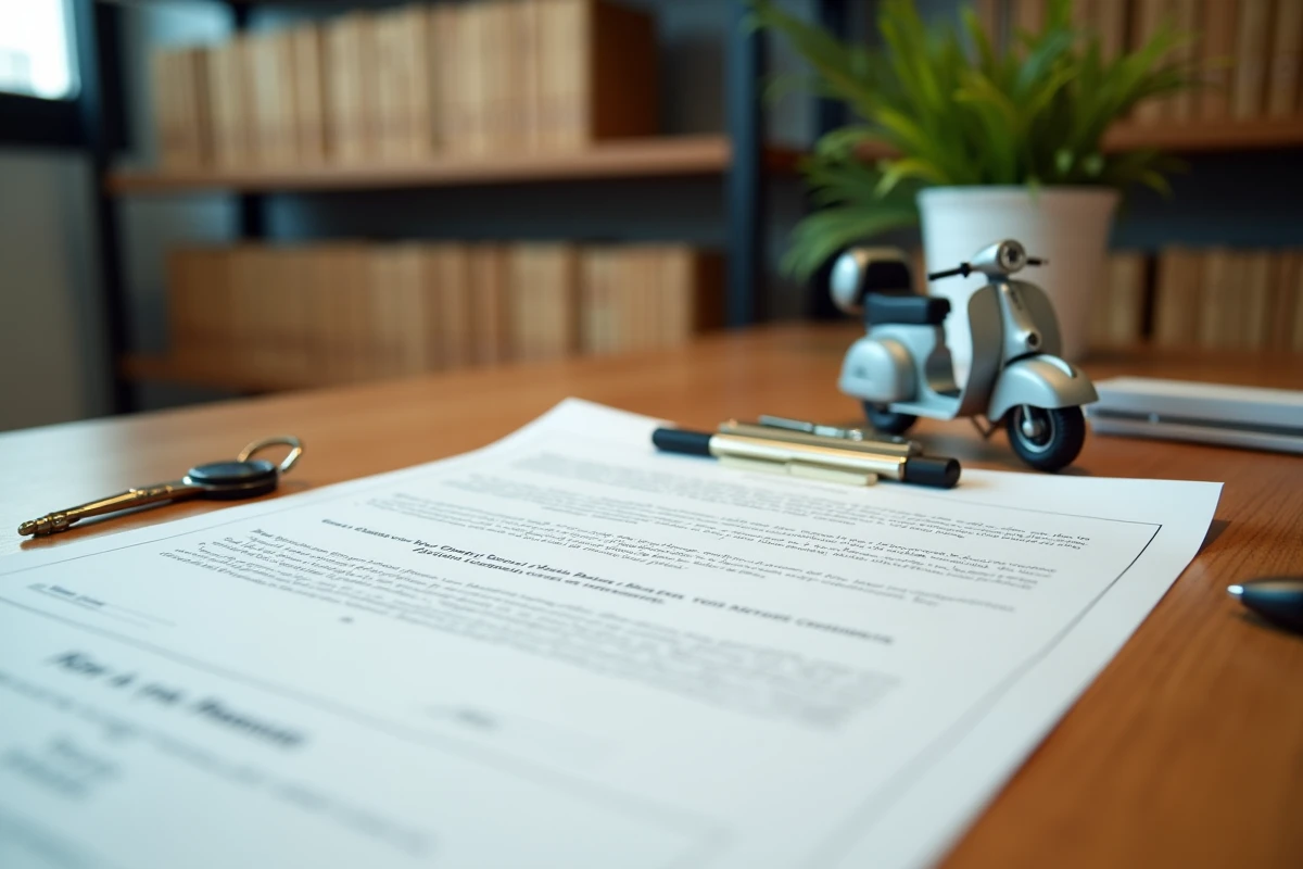 Documents d'assurance scooter posés sur un bureau avec stylo et clés, illustrant la souscription obligatoire d'une assurance deux-roues