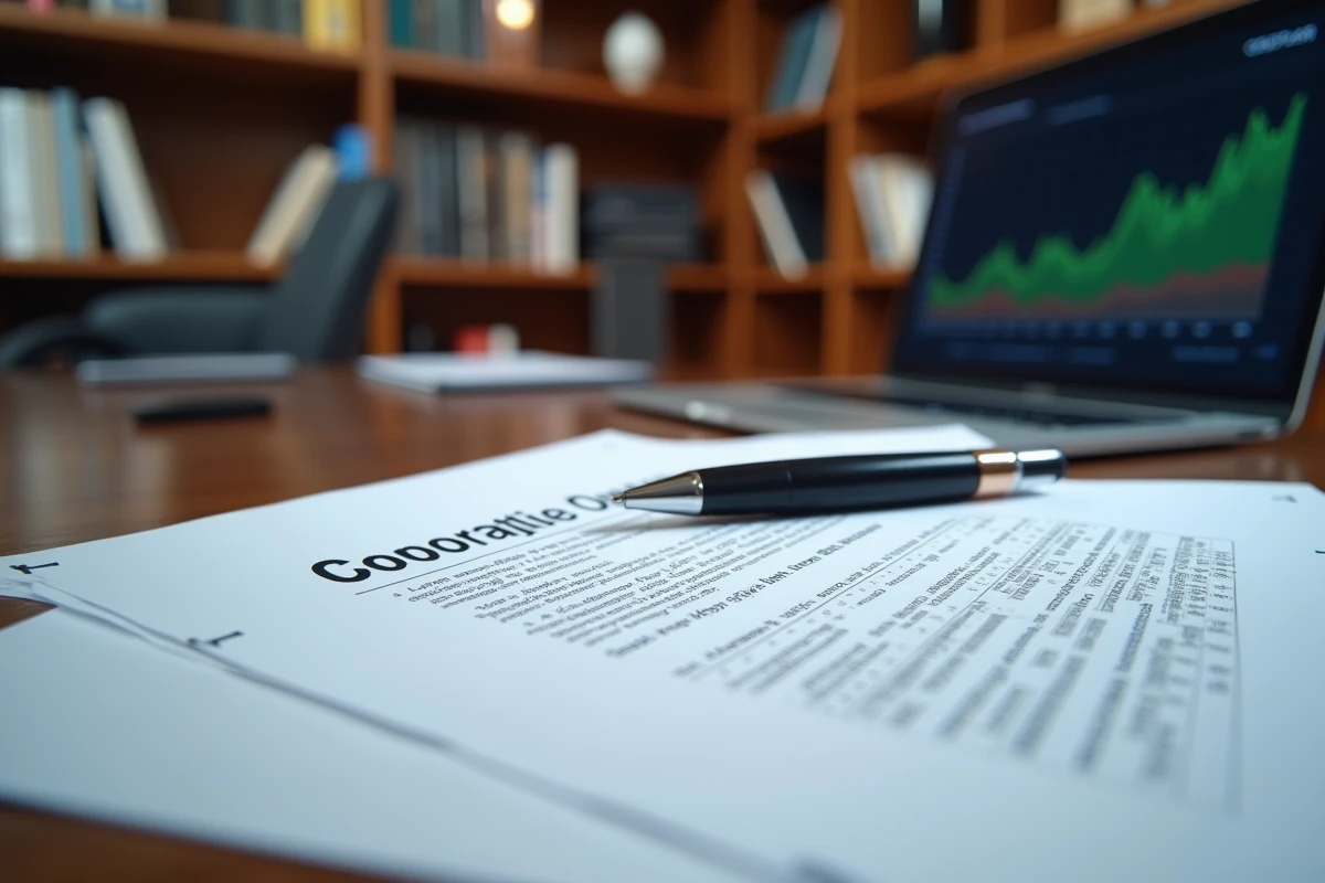 Documents officiels d'actionnariat et registre d'entreprise sur un bureau en bois avec stylo et ordinateur portable en arrière-plan