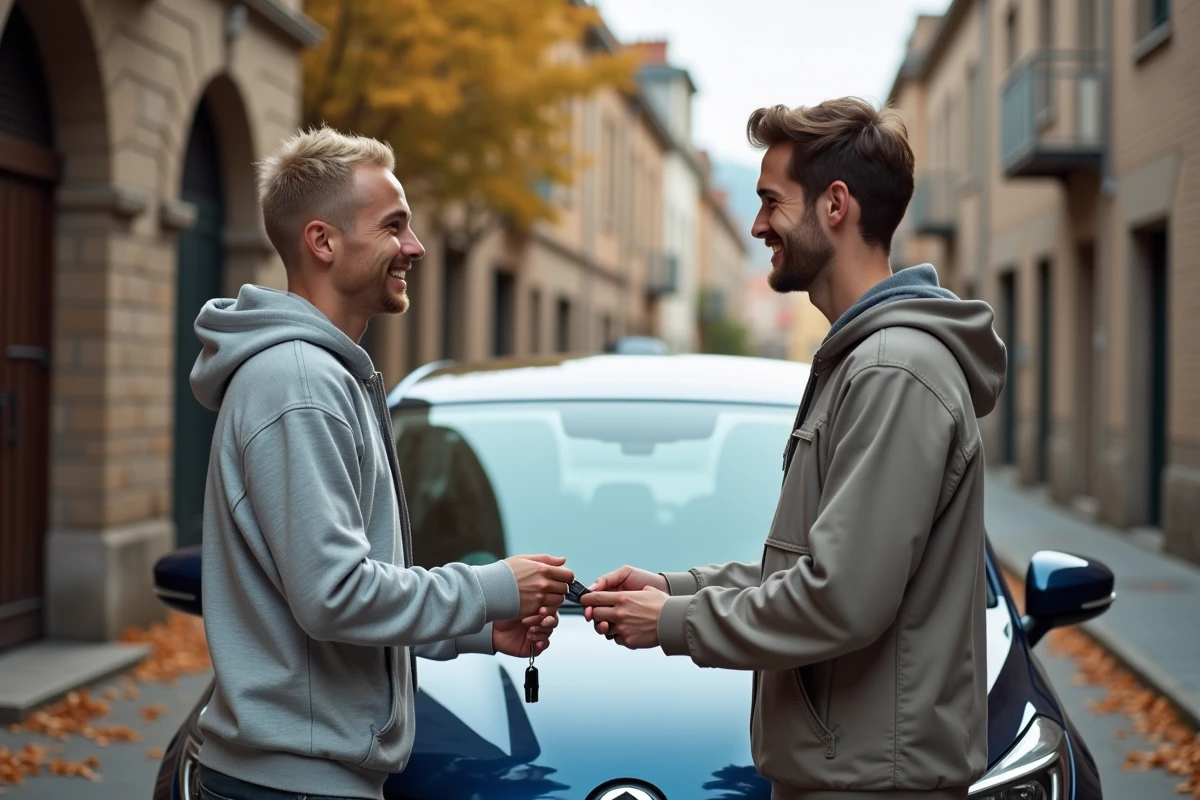 Couple échangeant les clés d'une voiture dans une rue, illustration du conducteur occasionnel