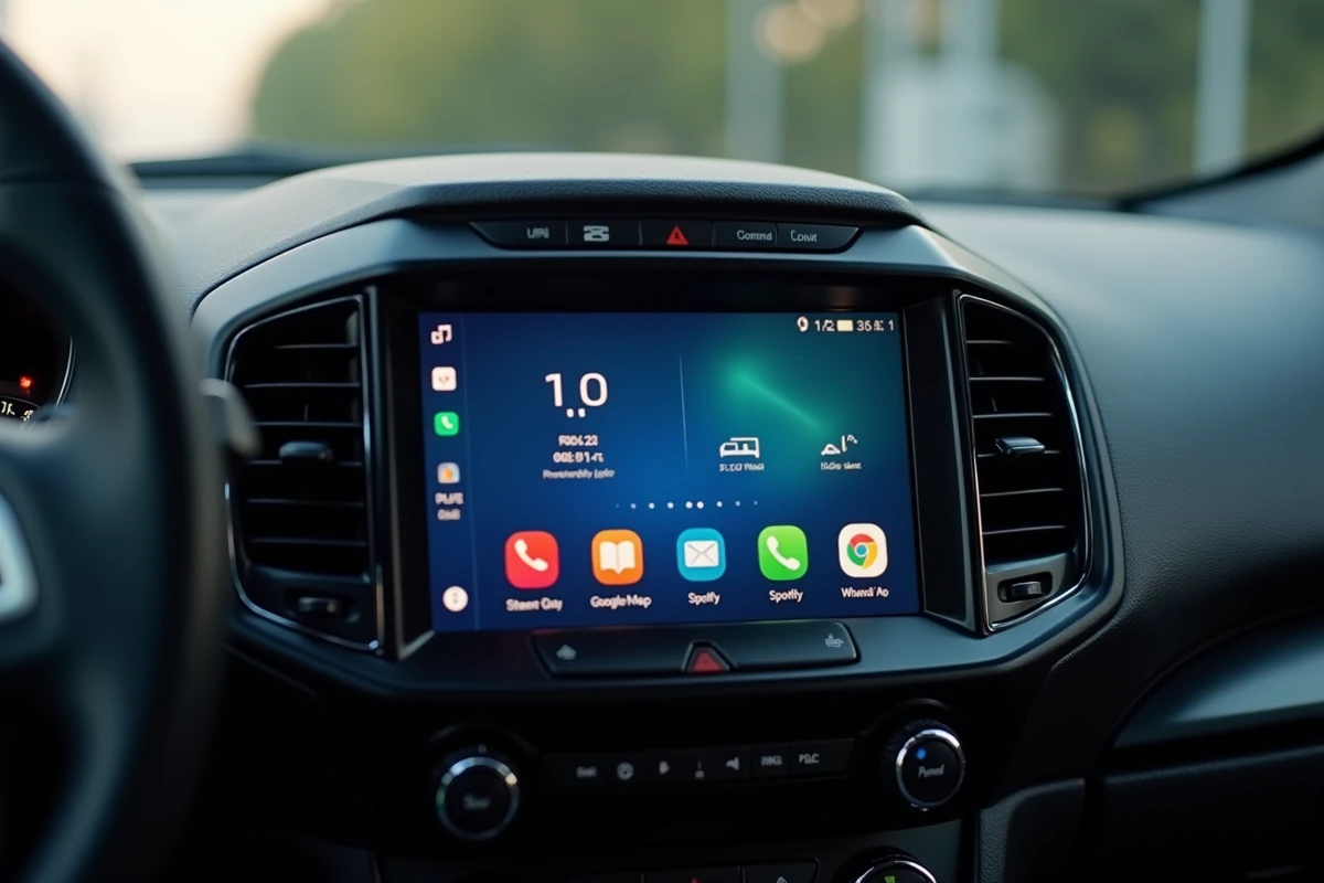 Écran Ford SYNC affichant l'interface Android Auto avec les applications Google Maps et Spotify