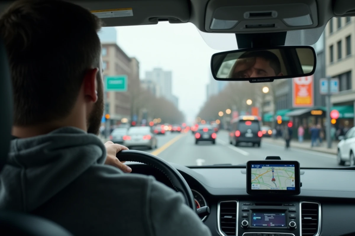 Conducteur bloqué dans les embouteillages à un carrefour urbain animé avec GPS et feux de signalisation