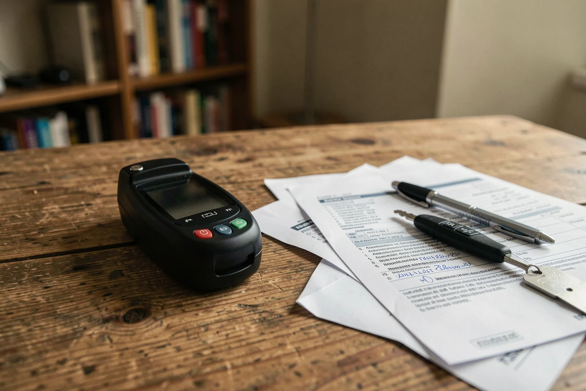 Éthylotest posé sur une table à côté de clés de voiture et d'un contrat d'assurance auto, symbolisant les conséquences légales de l'alcool au volant