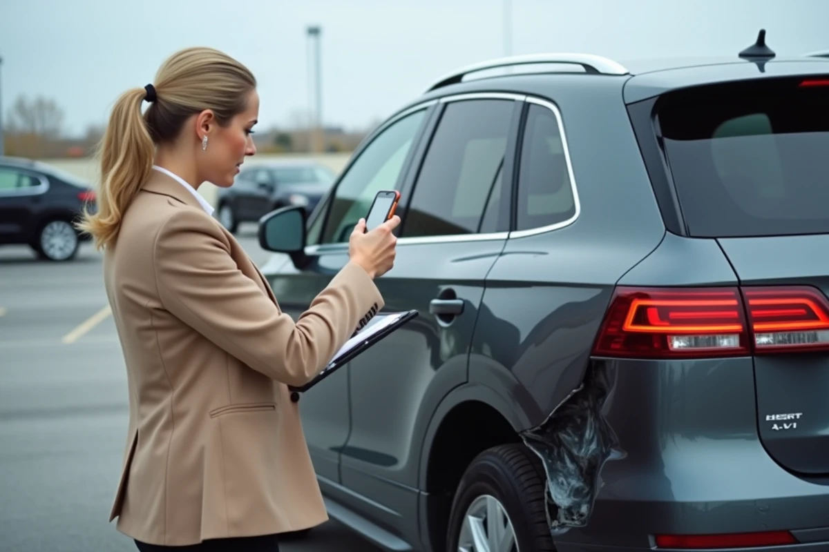 Experte en assurance évaluant les dommages secondaires sur le hayon d'un SUV gris dans un parking