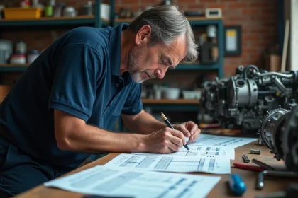 Ingénieur automobile comparant des fiches techniques réelles dans un atelier indépendant, illustrant une expertise fiable loin des brochures constructeurs