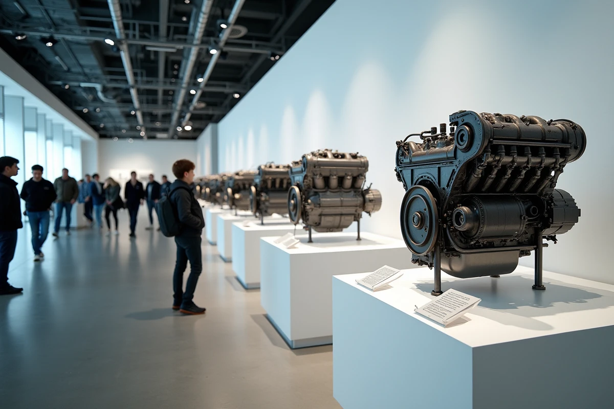 Exposition de moteurs emblématiques et fiables dans un musée automobile, avec des visiteurs admirant les mécanismes historiques