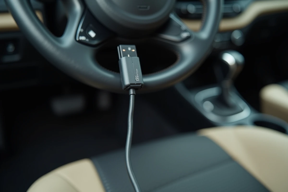 Gros plan sur la colonne de direction d'une Kia avec un câble USB illustrant la faille de sécurité exploitée par les voleurs
