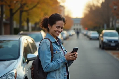 Femme utilisant une application de covoiturage sur son smartphone près d'une voiture garée dans une rue résidentielle