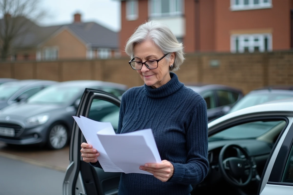 Femme consultant des documents d'assurance auto à côté d'une voiture en stationnement