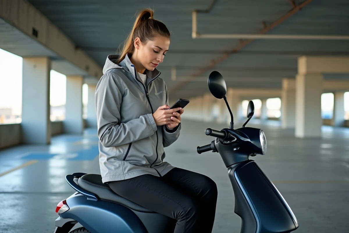 Femme consultant son assurance scooter sur smartphone dans un parking souterrain, représentant les démarches d'assurance deux-roues