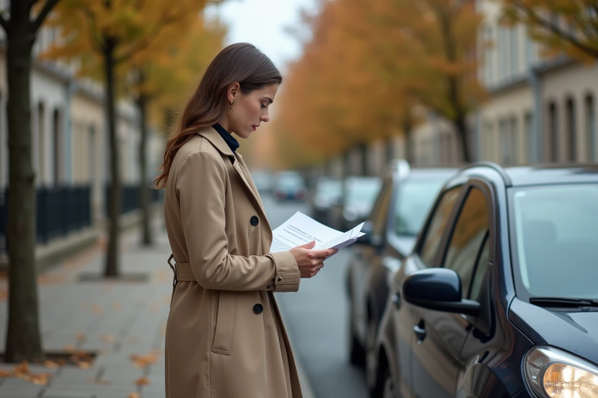 Femme tenant des documents d'assurance devant une voiture garée dans une rue française, symbolisant la perte ou la conservation du malus auto