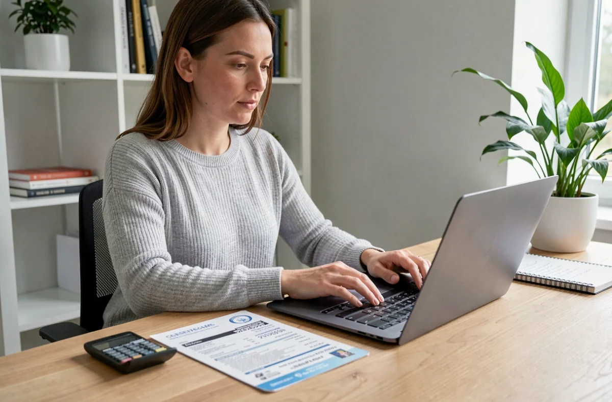 Femme calculant la conversion de chevaux fiscaux depuis une carte grise sur son bureau à domicile