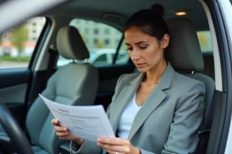 Femme examinant une carte grise dans l'habitacle d'une voiture pour vérifier le nombre de places