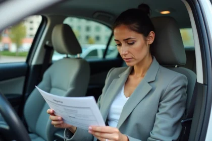 Femme examinant une carte grise dans l'habitacle d'une voiture pour vérifier le nombre de places