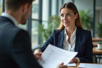 Femme consultant un conseiller en assurance responsabilité civile dans un bureau moderne, examinant les avantages de son contrat RC