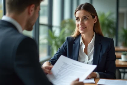 Femme consultant un conseiller en assurance responsabilité civile dans un bureau moderne, examinant les avantages de son contrat RC