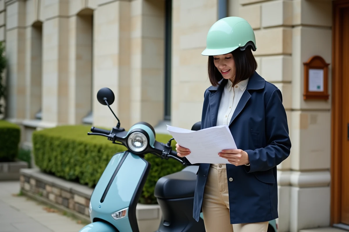 Femme tenant un document administratif à côté d'un scooter électrique devant un bâtiment officiel, évoquant les démarches de permis