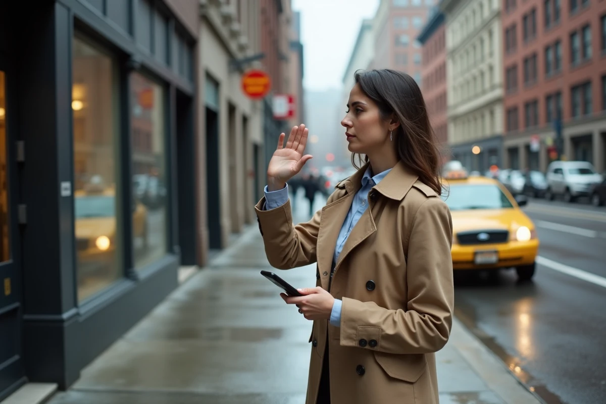 Femme hélant un taxi dans la rue avec son smartphone à la main dans un environnement urbain