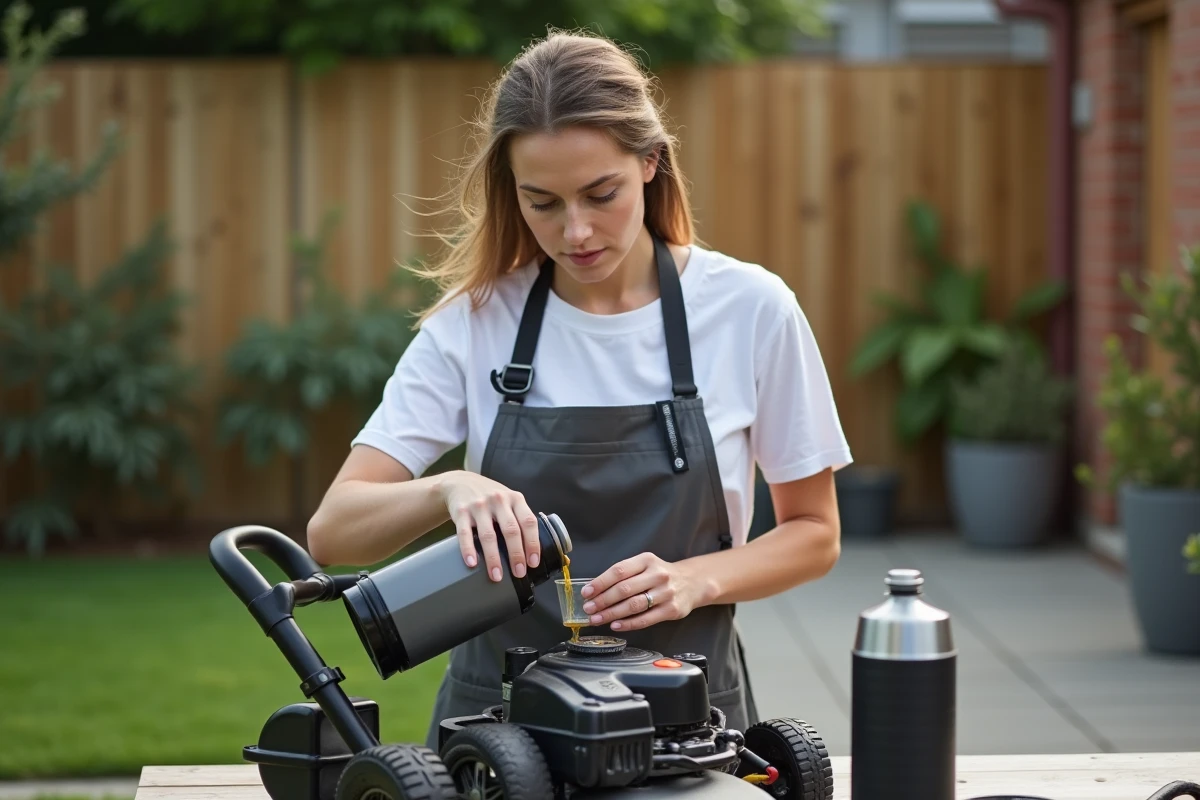 Femme mécanicienne versant de l'huile 4 temps près d'un moteur de tondeuse 2 temps dans un jardin