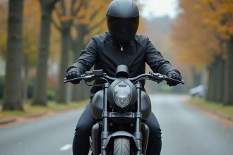 Femme en veste moto noire assise sur une moto électrique moderne dans une rue résidentielle calme