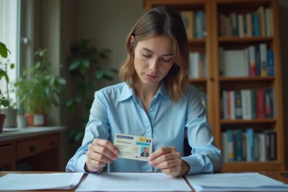 Femme examinant son permis de conduire français à son bureau pour une démarche de renouvellement gratuit