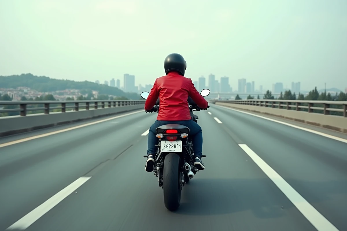 Femme pilote de moto avec passager masculin sur une autoroute, vue arrière en perspective grand angle
