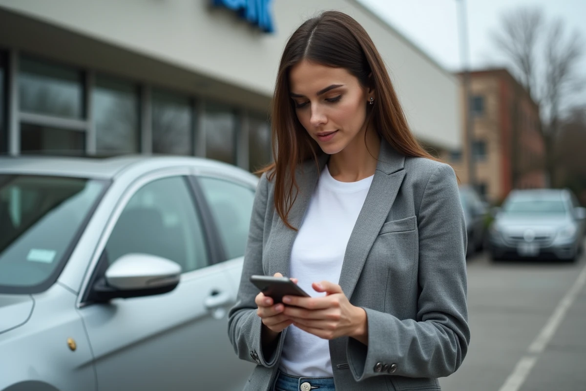Femme consultant son téléphone devant une agence bancaire pour comparer les taux de prêt auto