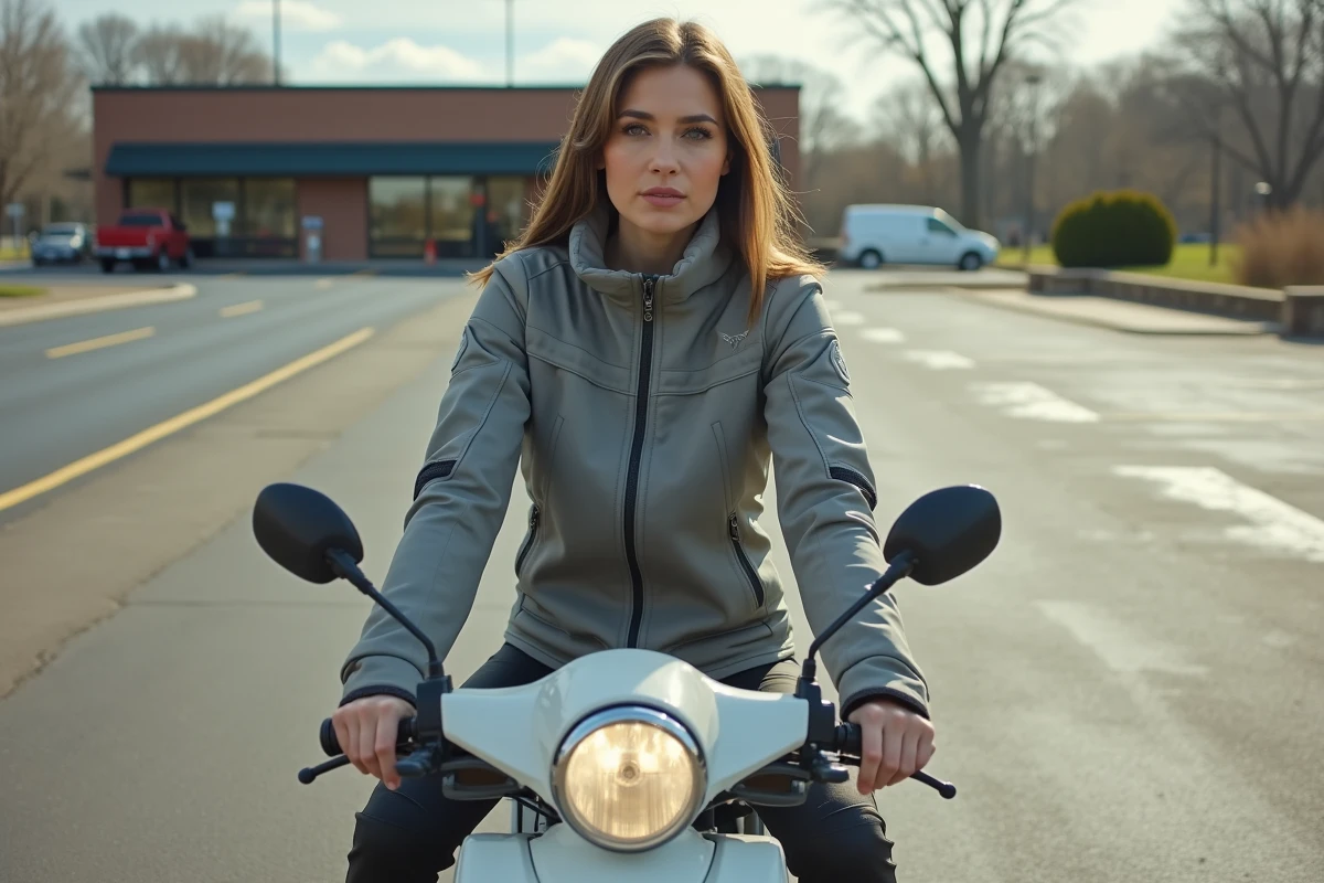 Femme assise sur un scooter 125cc blanc dans un parking de banlieue, veste de moto grise