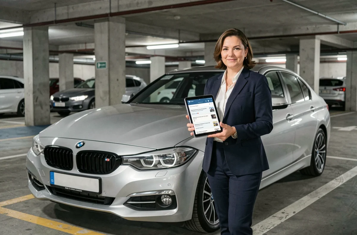 Femme consultant un forum automobile sur tablette à côté d'une BMW Série 3 dans un parking urbain