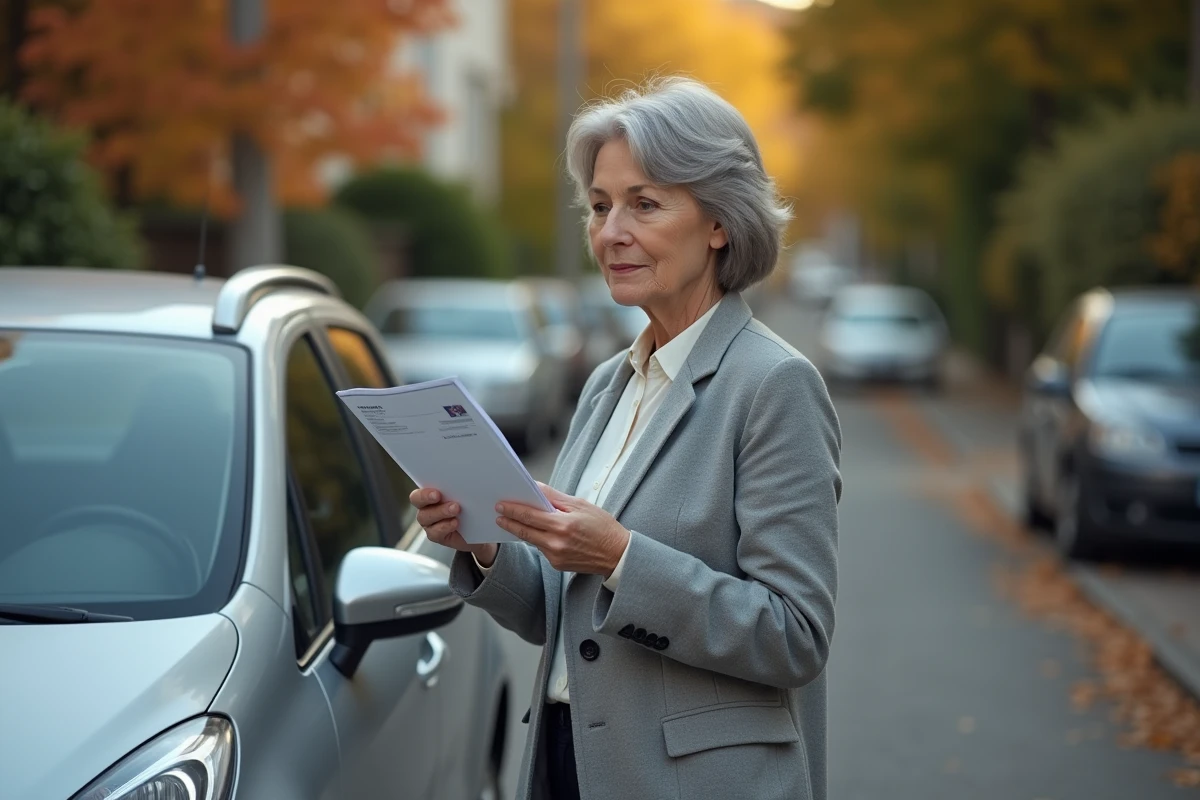 Femme consultant sa carte grise devant sa voiture dans une rue résidentielle
