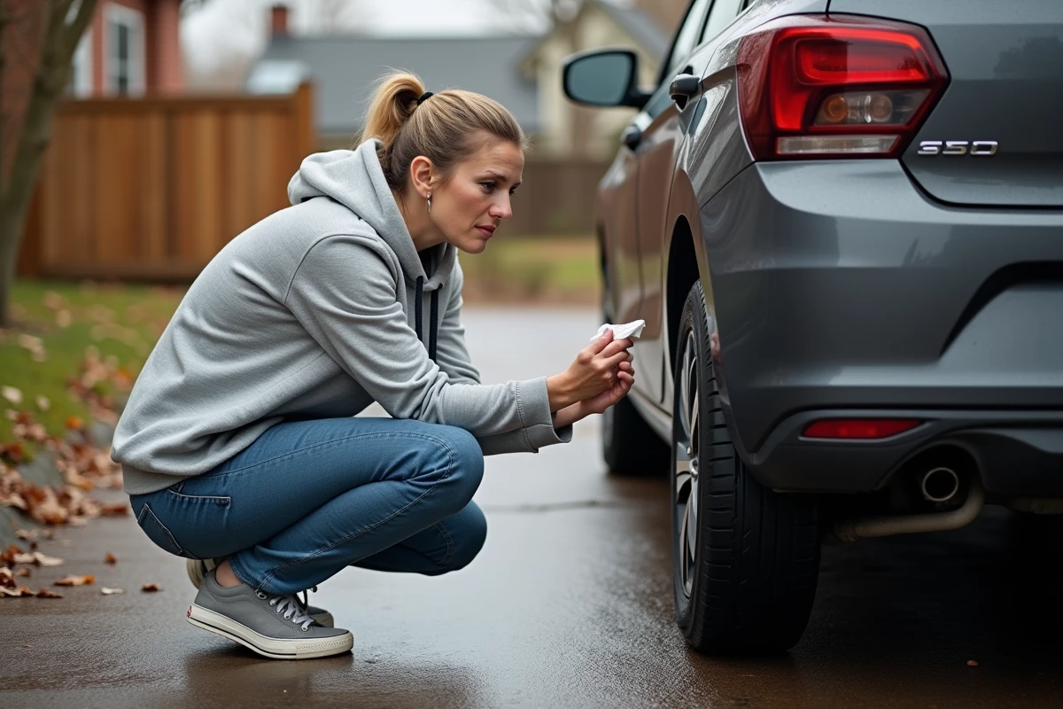 Femme inspectant le pot d'échappement de sa voiture dans une allée résidentielle avec un mouchoir pour détecter une fuite