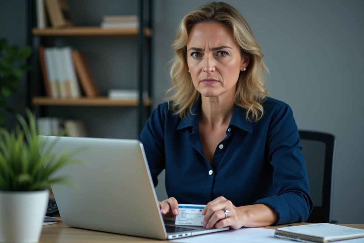Femme vérifiant la validité de son permis de conduire sur un ordinateur au bureau
